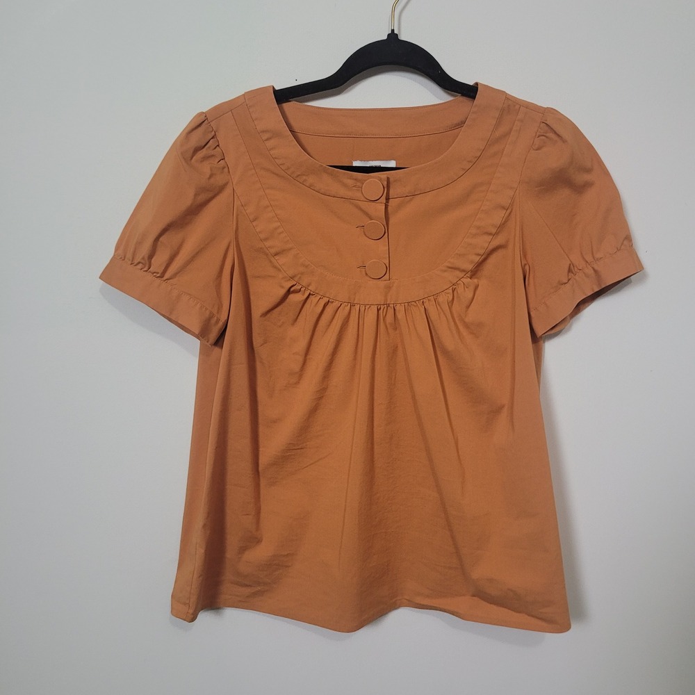 Ann Taylor Loft Size S‎ Blouse Womens Burnt Orange Babydoll Puff Sleeve Pleated